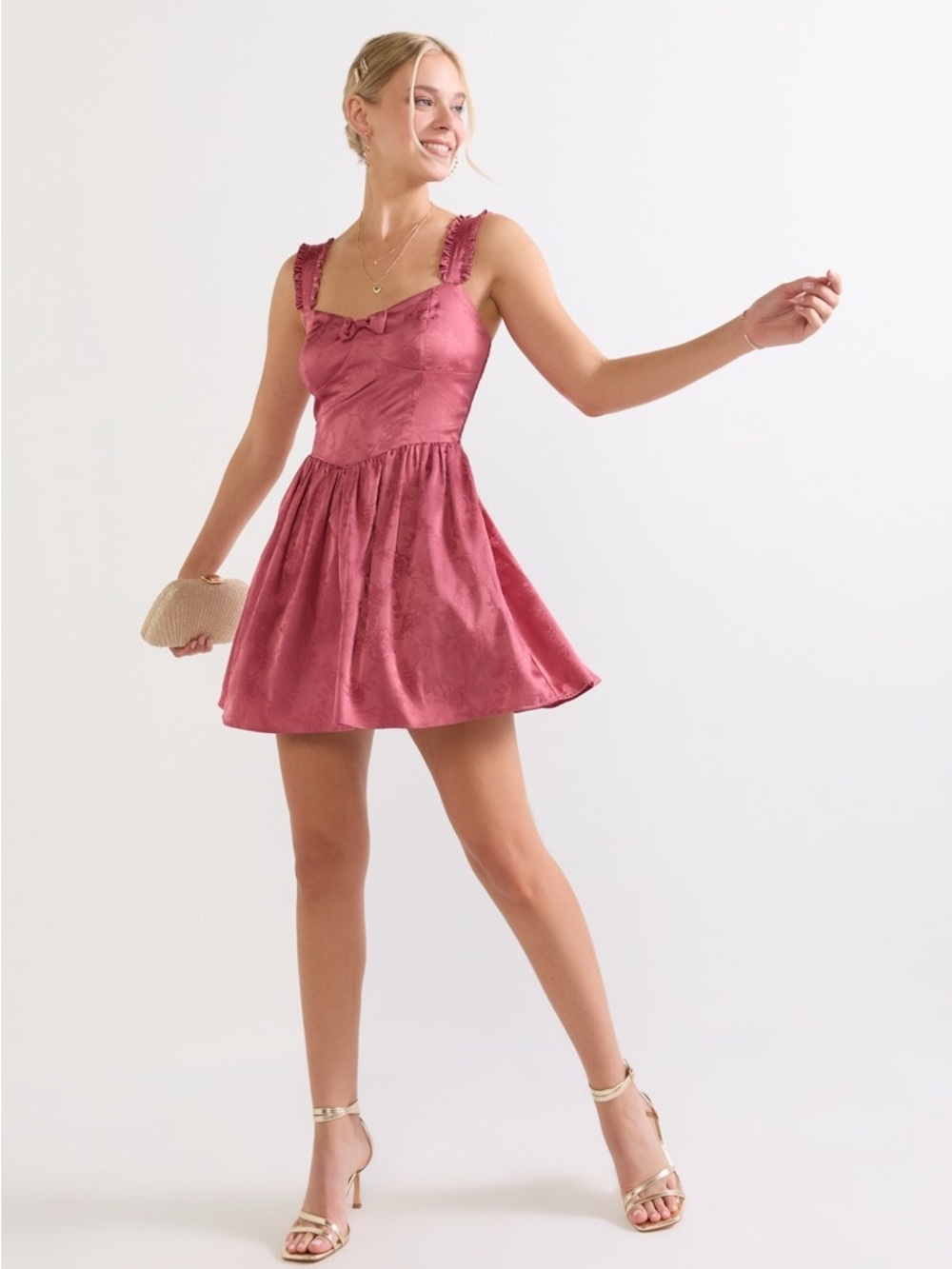 Ruffled Strap Coral Pink Sundress, Satiny Fabric - Picture 3 of 6